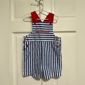 3T “Lennox” Overall Monogram Outfit One Piece Jon Jon Shortalls Romper Stripes